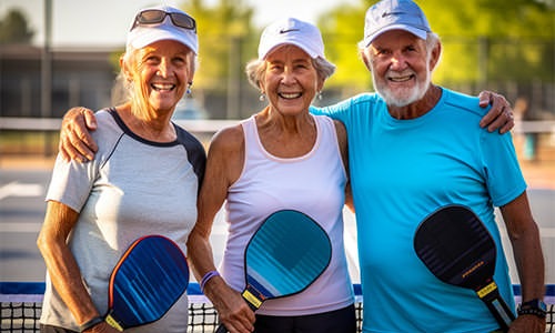 friends holding paddles on pickleball court